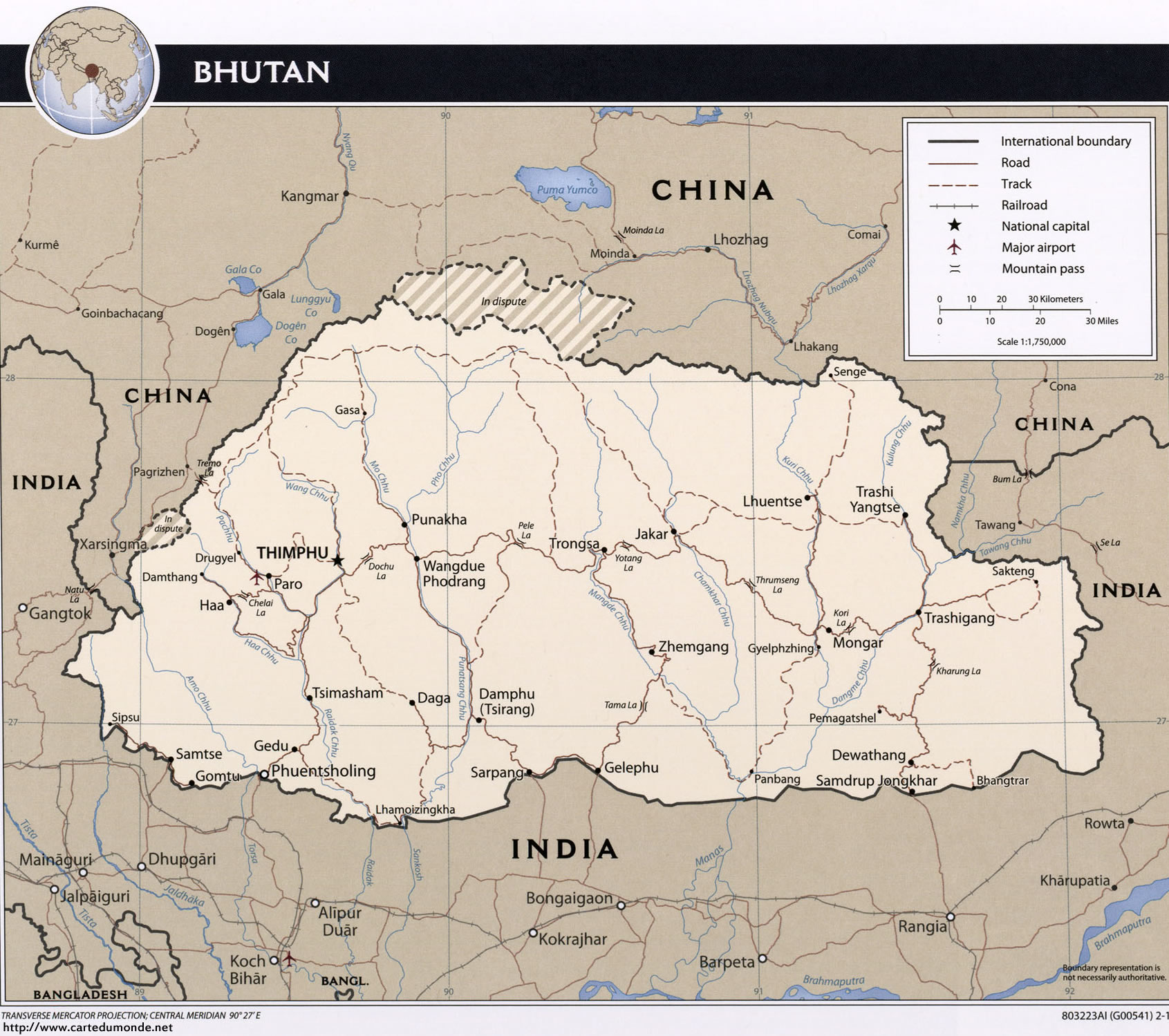 Karte vergrößern Bhutan auf Weltkarte